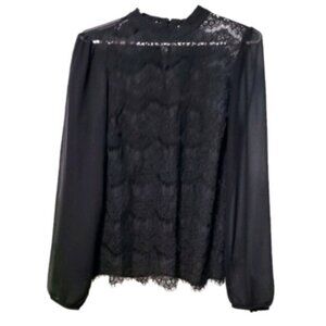 Forever 21 Black High Neck Lace Sheer See-Through Flounce Sleeve Blouse Shirt M